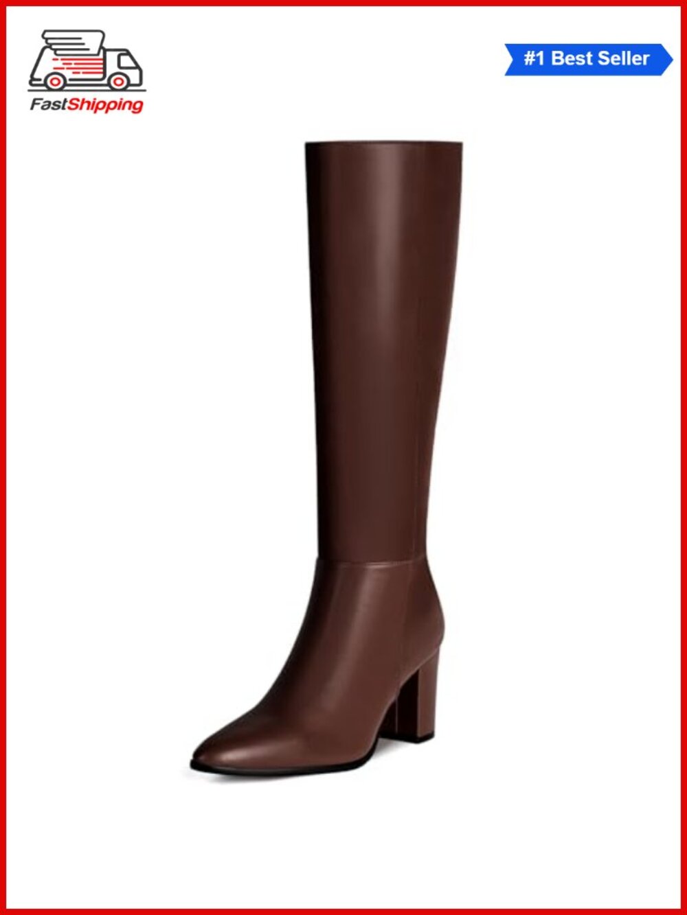 ✨ Pointed Toe Chunky Block Heel Knee High Boots Women Faux Leather Side Zip